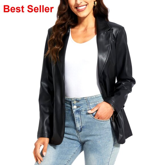 Faux Leather Blazer Jacket Oversized Moto Biker Coat Vegan Pleather